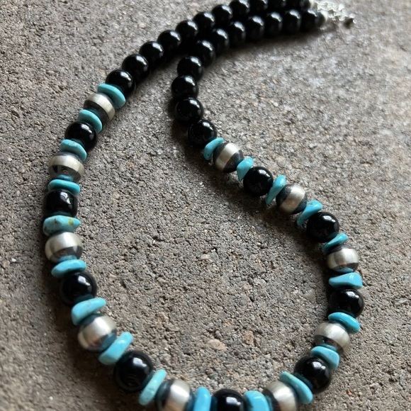 Sterling Silver Black Onyx Turquoise Bead Necklace. 18 Inch - Picture 12 of 12